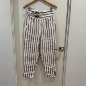 Anthropologie Striped Paperbag Belted Ankle Pants - Taupe & White
